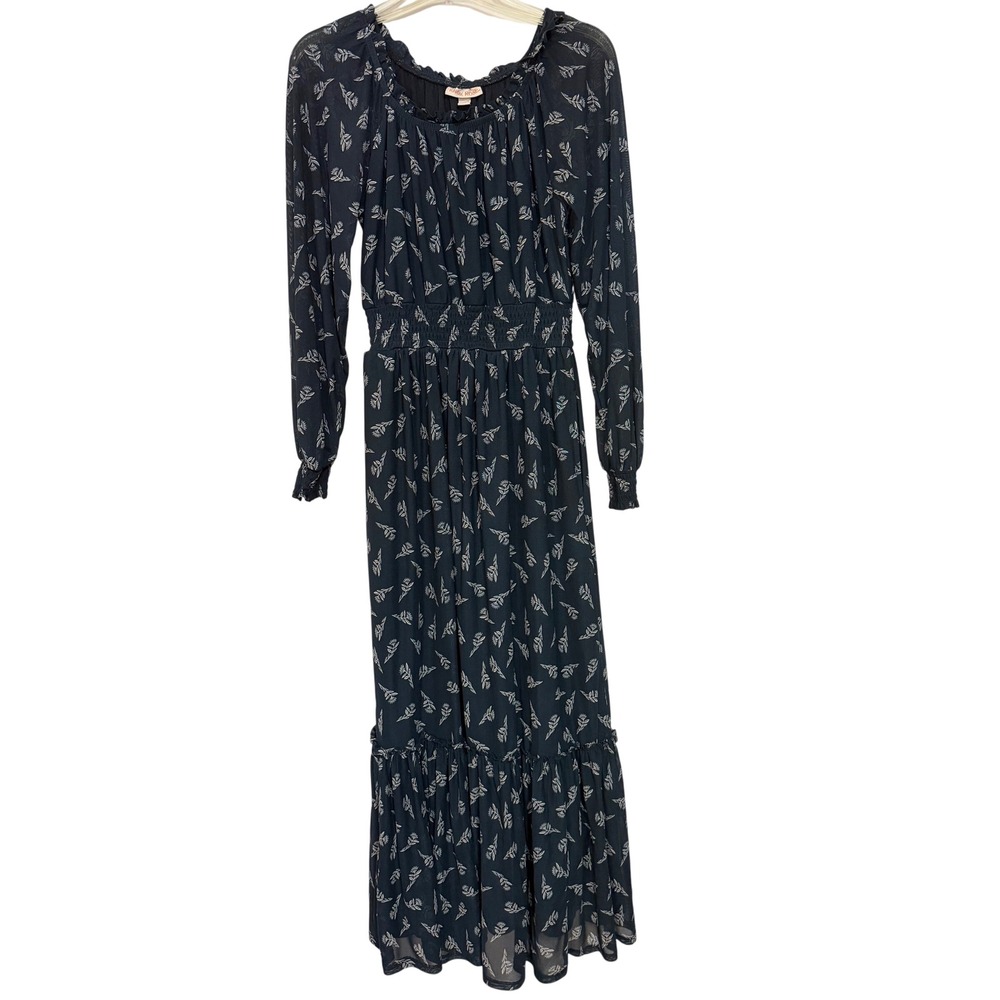 Knox Rose Navy Blue Floral Smocked Waist Maxi Dress Womens XS Long Sleeve Boho - Picture 2 of 9